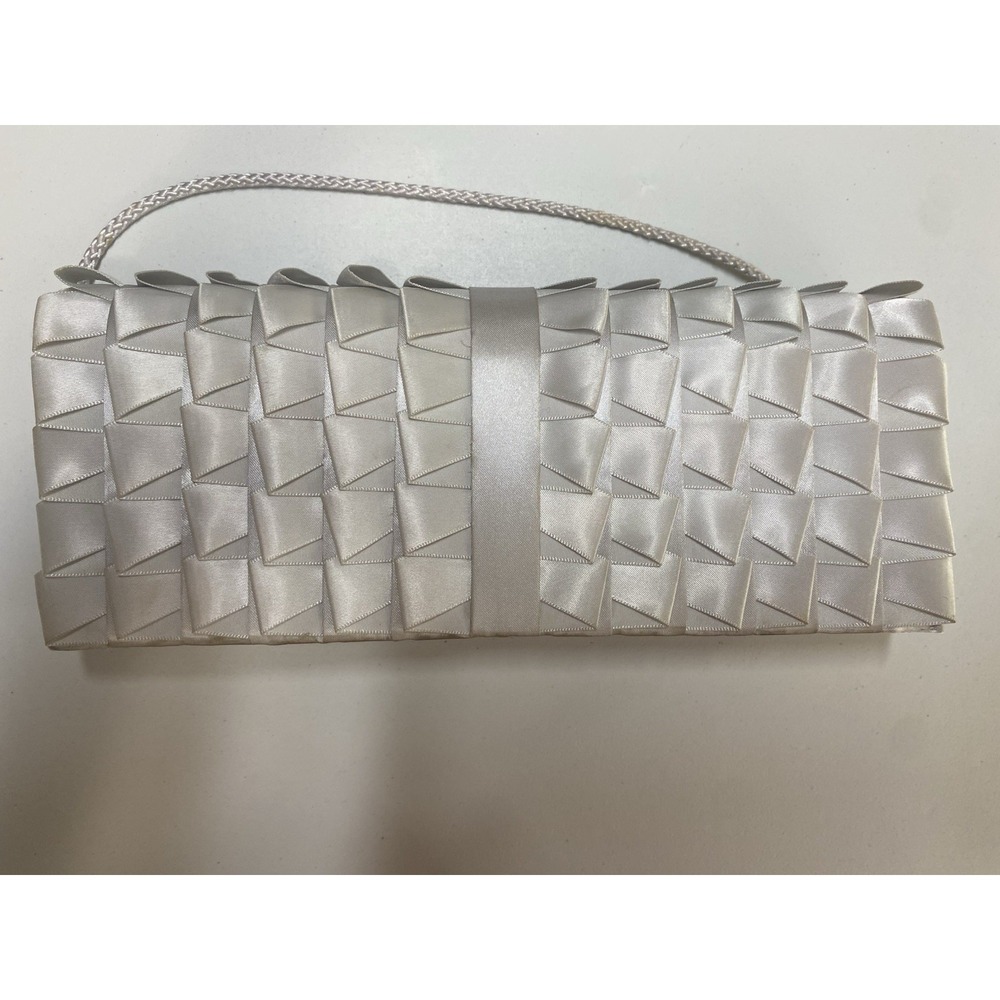 Jessica McClintock Elegant Silver Satin Evening Clutch Event Wedding Guest Gala
